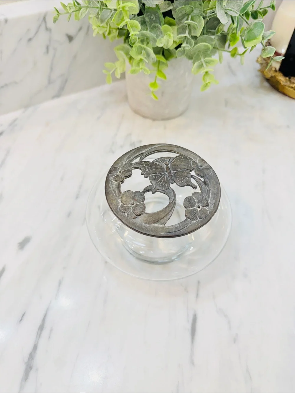 Vintage Clear Glass Trinket / Potpourri Jar w/ Ornate Bronze Butterfly Lid